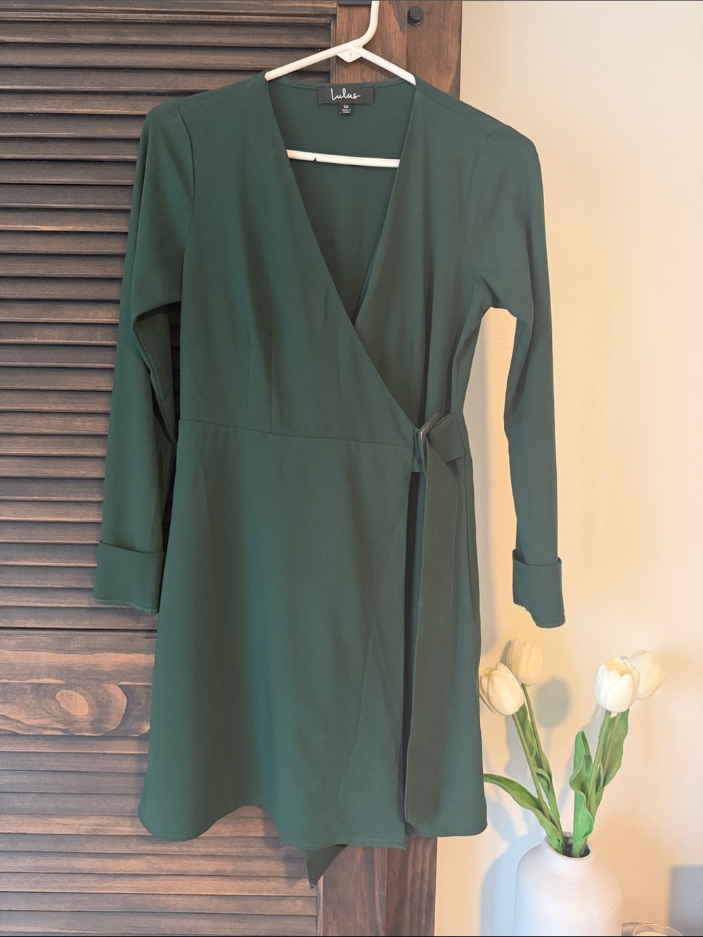 Lulu's Deep Green Long Sleeve Wrap Dress